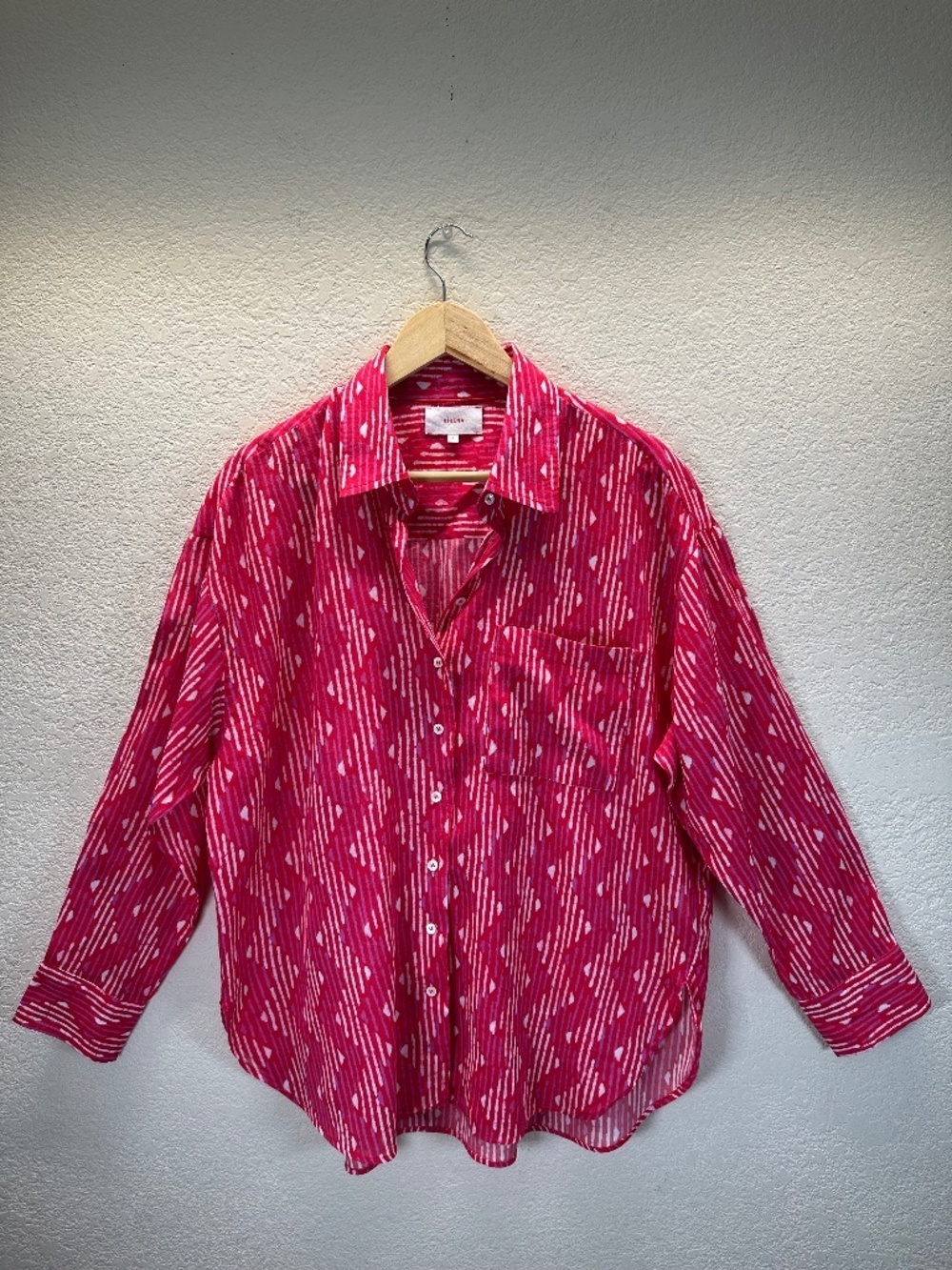 XIRENA Abstract Ikat Stripes Button Up Shirt Semi Sheer Cotton Small Quiet Luxe